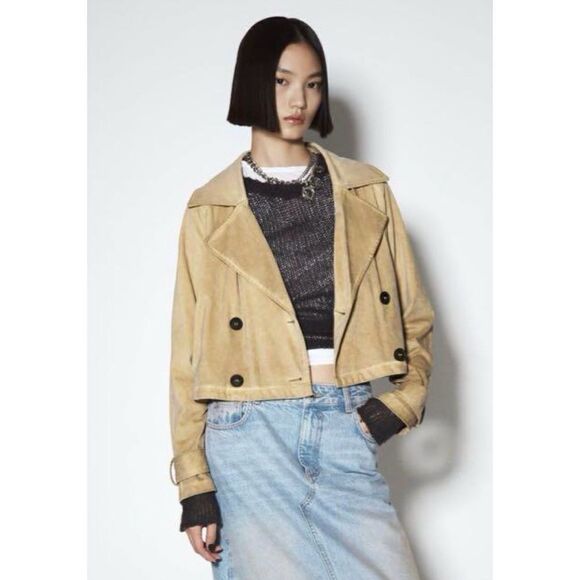 NWT Zara Garment Dye Faux Suede Short Double Breasted Cropped Trench Style Coat - Picture 6 of 16